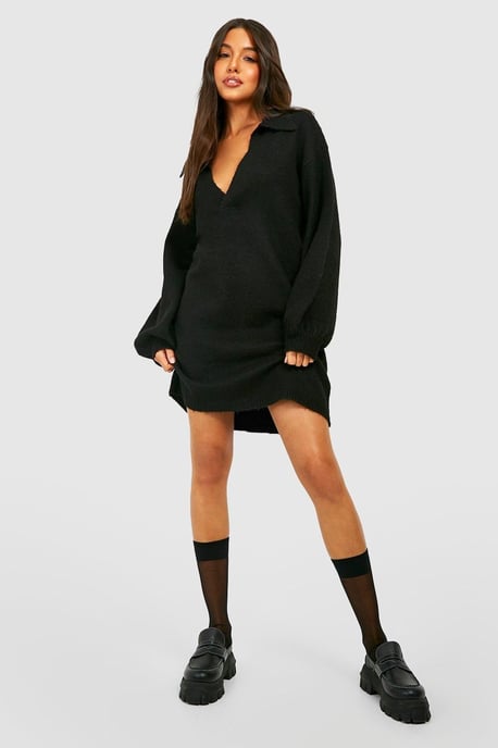 Polo Neck Oversized Knitted Jumper Dress - Image 3