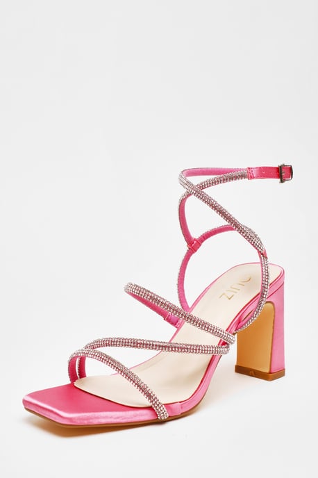 Pink Diamante Strappy Block Heeled Sandals