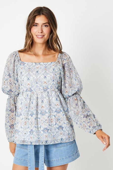 Mirror Detail Tile Print Square Neck Top