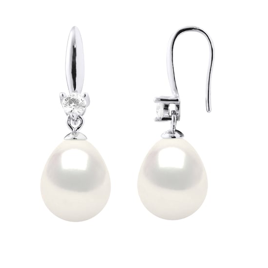 Earrings Silver 925 & Cubic Zirconia - 2 Real Cultured Freshwater Pearls Pear 9-10 mm - Image 1