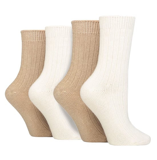4 Pack Ladies Cashmere Boot Socks | Wildfeet | Ribbed Crew Wool Bed Socks - Sand - Image 1