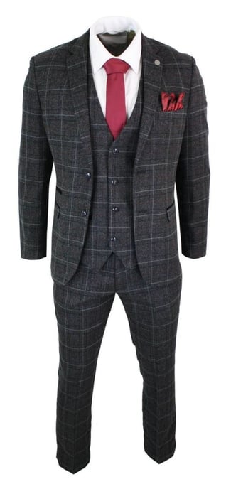Mens 3 Piece Charcoal Grey Tweed Check Vintage Retro Suit - Image 4