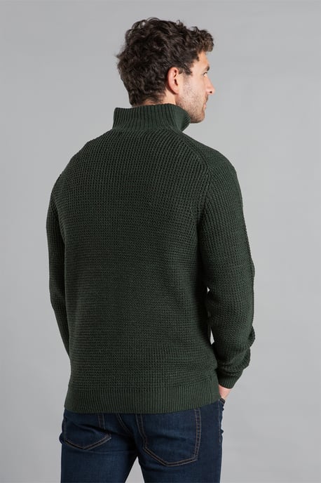 Olive Waffle Knit Jumper With 1/4 Zip Funnel Neck