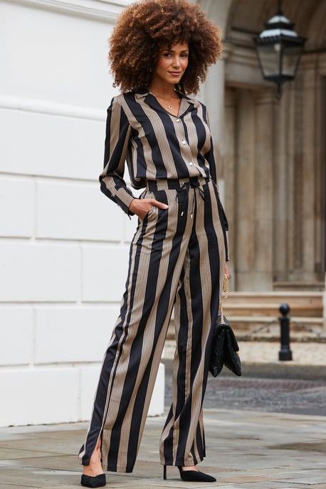 Black & Gold Stripe Satin Wide Leg Trousers