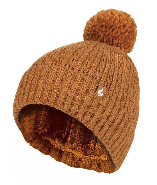 Ladies Thermal Cable Beanie Hat | Heat Holders | Winter Knitted Pom Pom Hat | Soft Ribbed Bobble Hat - Mustard - Image 1