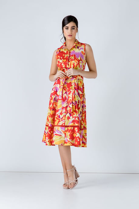 Knopen Detail Multicoloured Print Jurk - Image 1