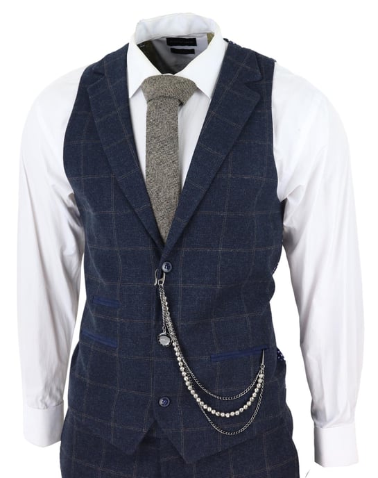 Mens 3 Piece Wool Suit Navy Blue Tweed Check Peaky Blinders 1920 Gatsby Formal - Image 5