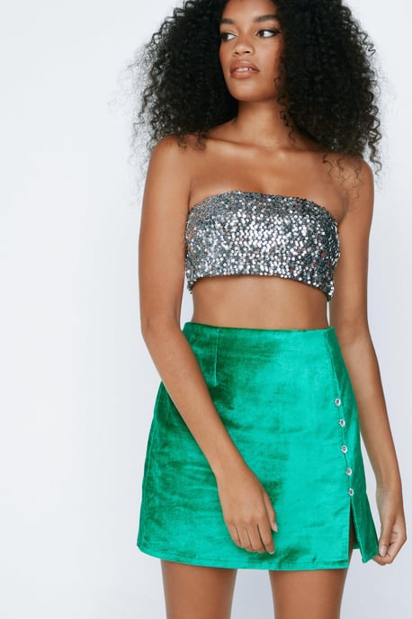 Diamante Button Velvet Mini Pelmet Skirt