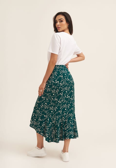 Animal Print Ruffle Wrap Midi Skirt