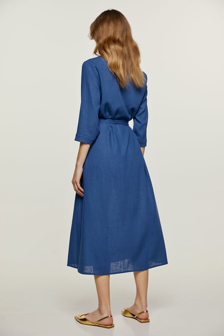 Blauwe Linnen Midi Jurk met Riem - Image 3