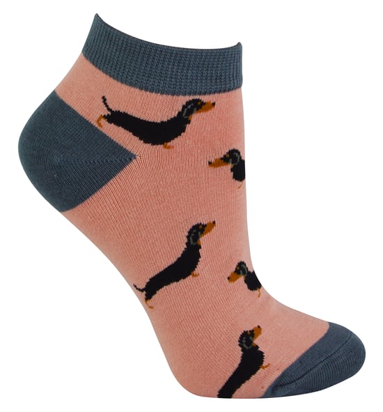 Ladies Bamboo Trainer Socks | Miss Sparrow | Breathable Low Cut Socks for Women - Sausage Dogs (Pink) - Image 1