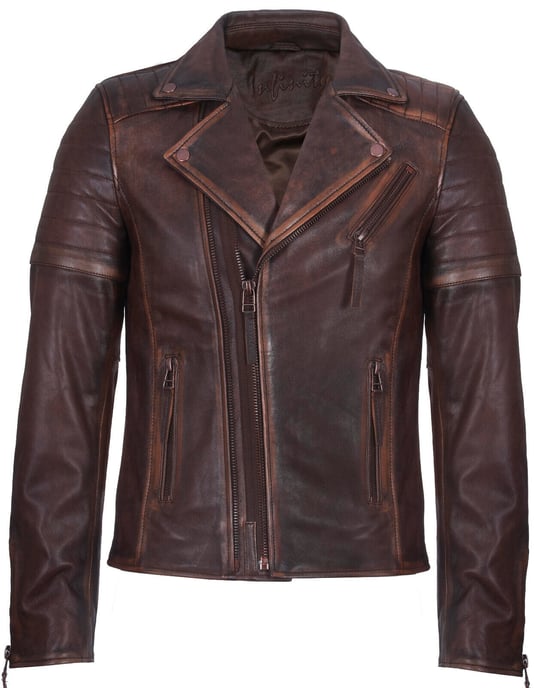 Brando-style slim-fit leather biker jacket with cross zipper