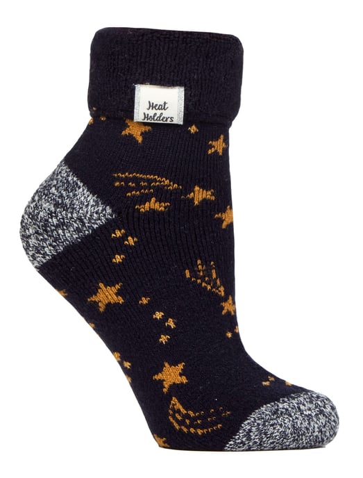 Mysiga damstrumpor med vändbar mudd | värmehållare | varma fluffiga loungestrumpor för vintern - Navy/Gold Stars - Image 1