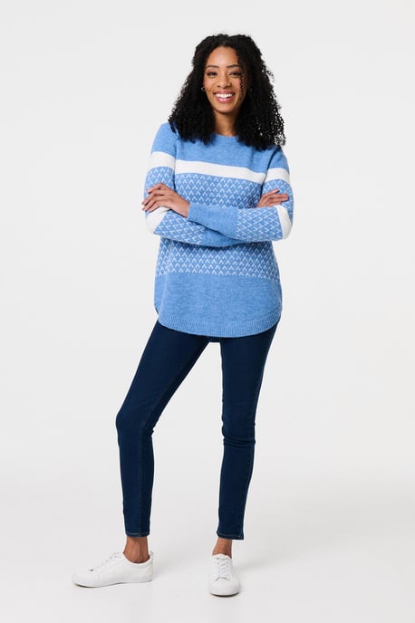 Blue Stripe Print Relaxed Curve Hem Jumper