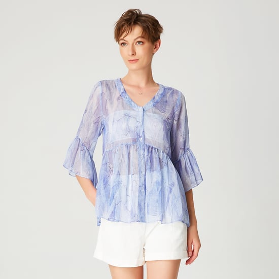 Chiffon -shirt met tulpenmouwen en abstracte print - Image 1