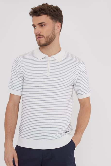 Ecru 'Massie' Textured Stripe Quarter Zip Short Sleeve Knitted Polo