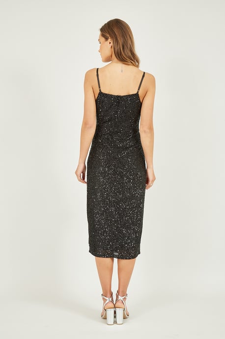 Black Sequin Fitted Wrap Midi Dress