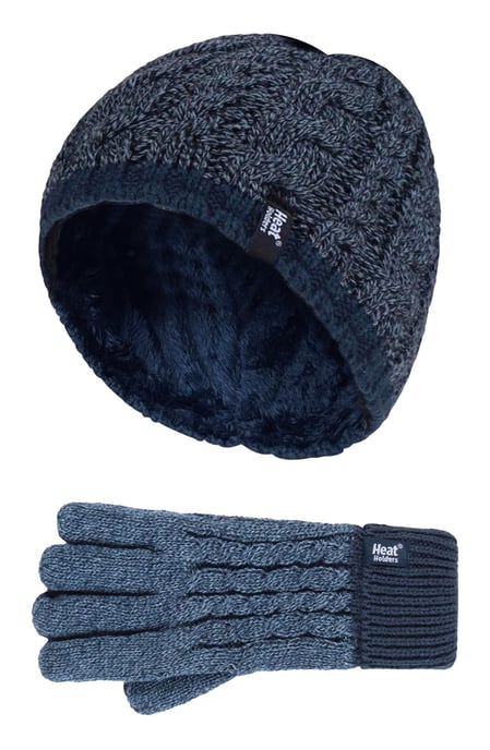 Heat Holders - Boys Kids Cable Knit Warm Fleece Lined Thermal Winter Hat and Gloves Set - DN1P7 - Image 1
