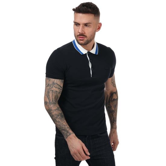 Men's Lacoste Slim Fit Striped Collar Pique Polo Shirt in Navy