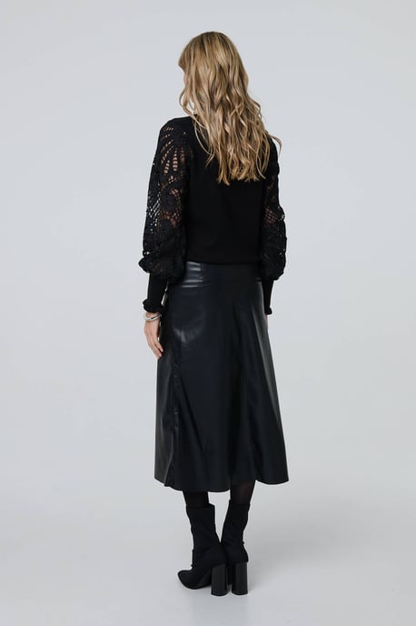 Black Faux Leather High Waist Midi Skirt
