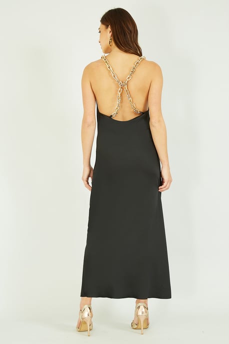 Mela Black Satin Cowl Neck Maxi Dress With Chain Straps
