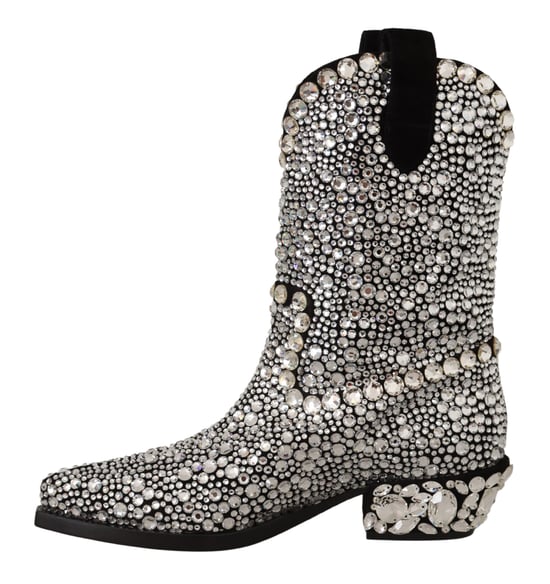 Dolce & Gabbana Dames Zwarte Suède Strass Kristallen Cowboylaarzen - Image 3