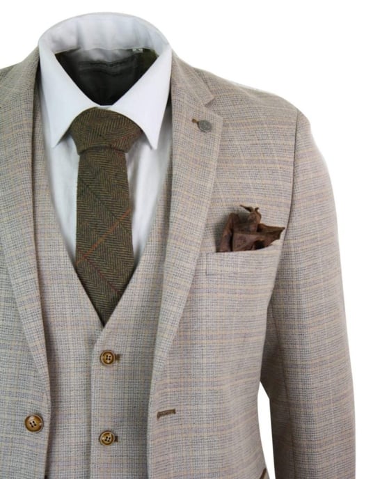 Mens 3 Piece Beige Tweed Check Vintage Retro Suit - Image 6