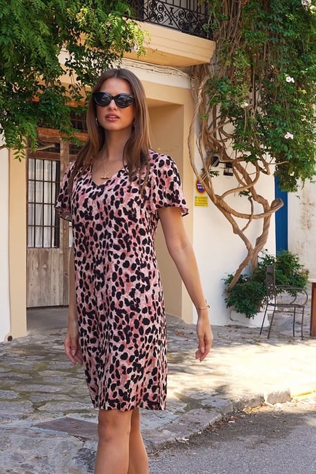 Pink Animal Print Short Sleeve Shift Dress