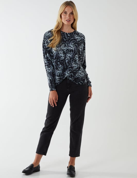 Black Butterfly Print Knot Top
