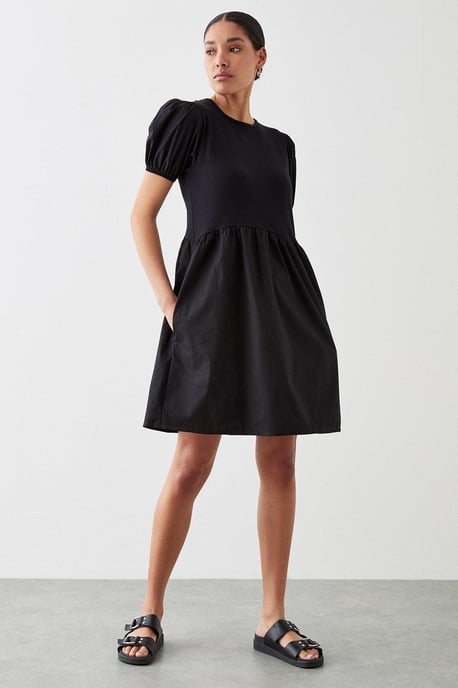 Poplin Jersey Mix Smock Mini Dress