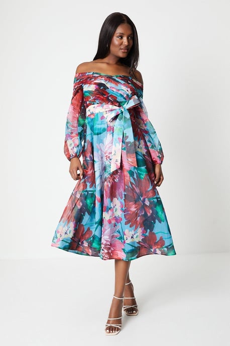 Organza Pleated Bodice Bardot Long Sleeve Midi Dress