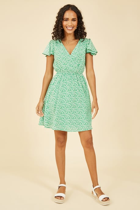 Green Ditsy Print Wrap Skater Dress