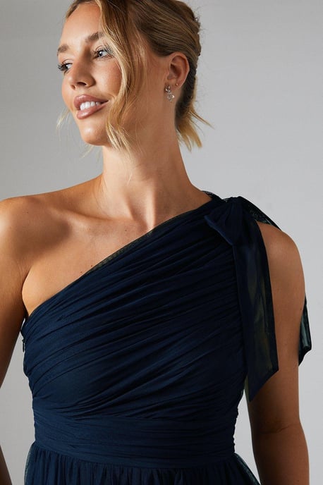 Pleated Mesh One Shoulder Tiered Bridesmaids Dress - Image 2