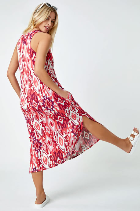 Sleeveless Aztec Print Midi Stretch Dress
