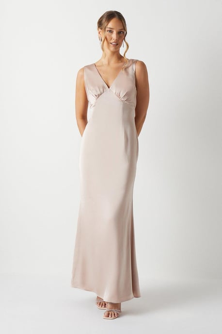 Bow Back V Neck Satin Bridesmaids Dress - Image 2