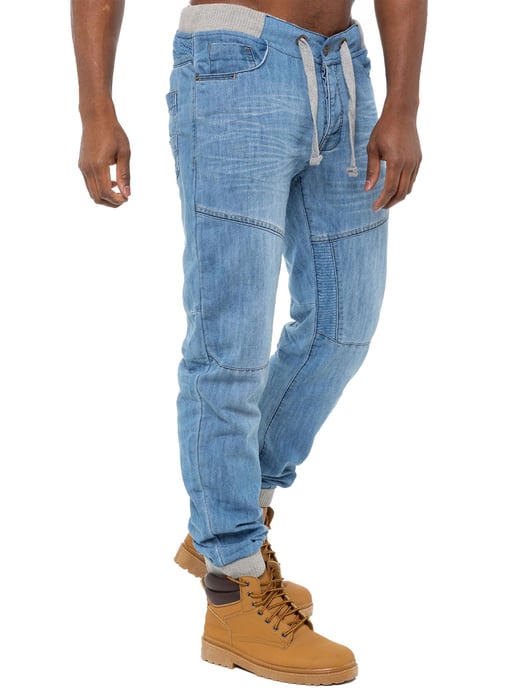 Enzo| Mens Denim Cuffed Jogger Jeans - Light Blue