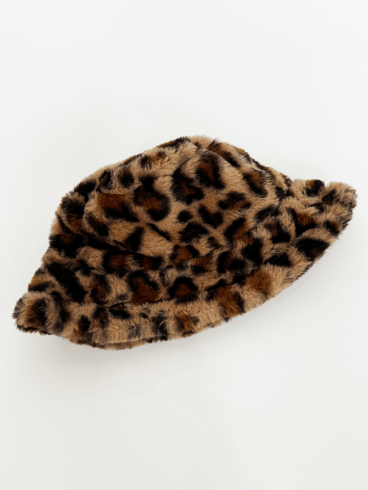 Leopard Plush Print Bucket Hat & Gloves Set