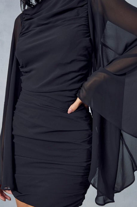 Premium Chiffon Draped Cowl Back Flare Sleeve Mini Dress