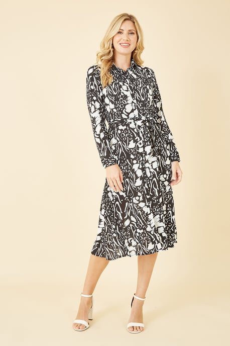 Mela Black Animal Print Long Sleeve Midi Shirt Dress