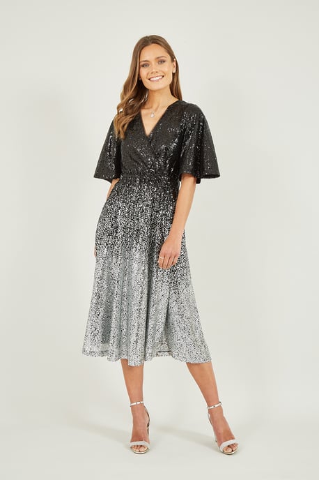 Black And Silver Ombre Sequin Midi Wrap Dress