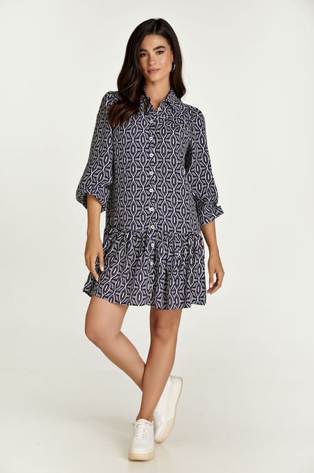 Navy en witte print jurk met knopen - Image 1