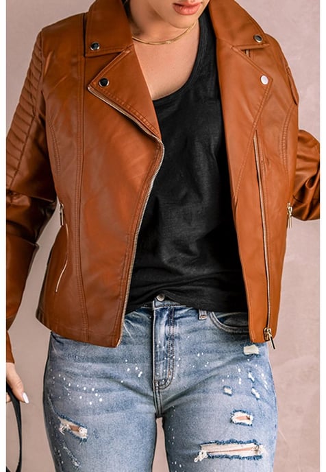 Women's Ribbed Seam Detail Faux Leather Motorcycle Jacket in Brown - Image 6