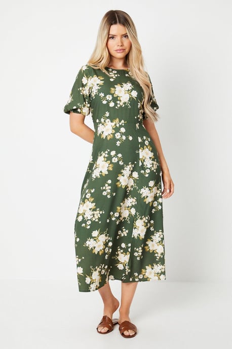Khaki Floral Puff Sleeve Midi Dress