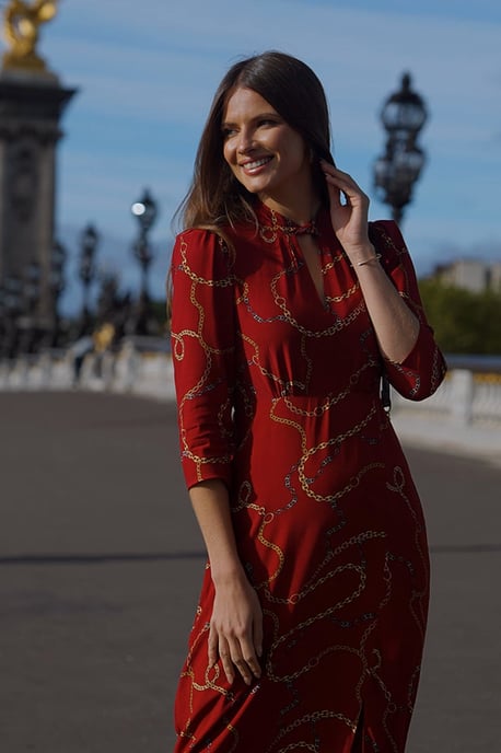 Red Chain Print Keyhole Detail Midi Dress