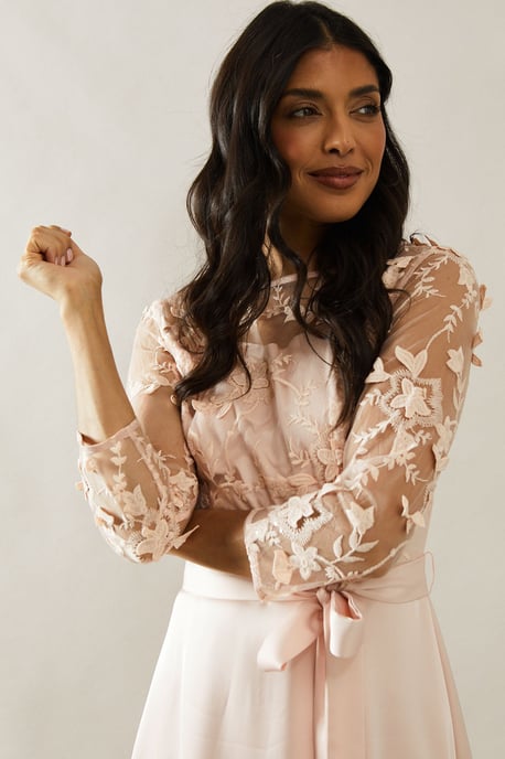 Satin And Mesh Overlay Fit And Flare Dress - Image 4