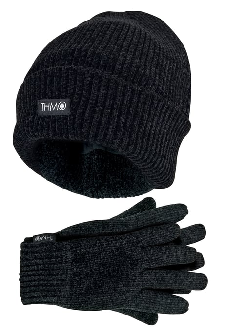 Ladies Thinsulate Hat and Gloves Set | THMO | Soft Chenille Ribbed Beanie Hat & Gloves for Women - Black - Image 1