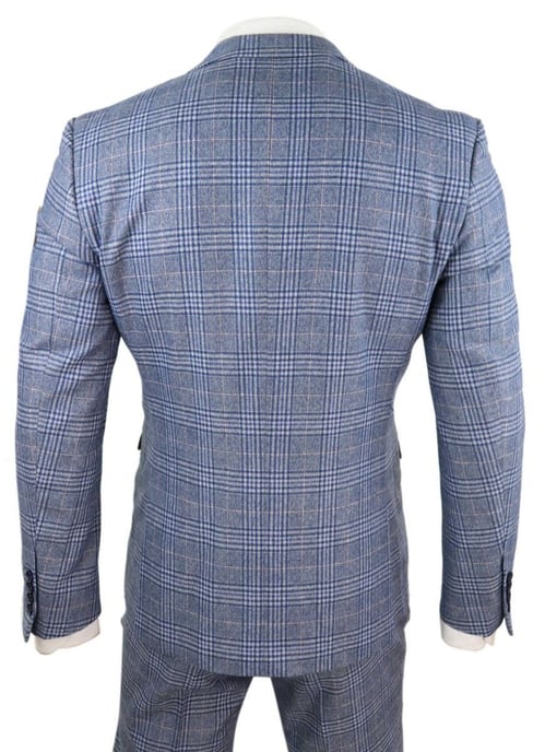 Mens 3 Piece Blue Grey Tweed Check Vintage Retro Suit - Image 3