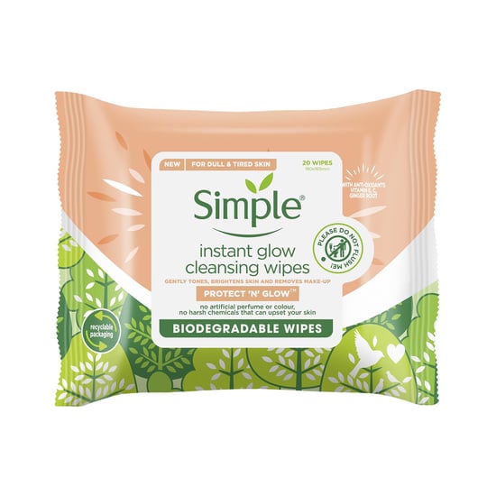 Simple Protect 'N' Glow Instant Cleansing Wipes for Dull & Tired Skin, 6 Pack