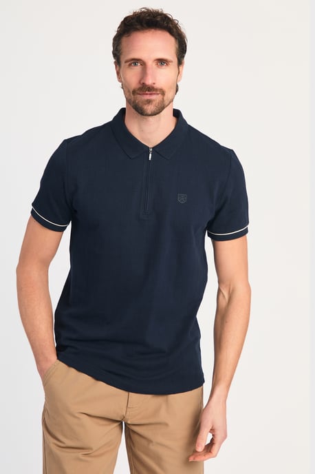 Navy Cotton Zip Neck Polo Shirt