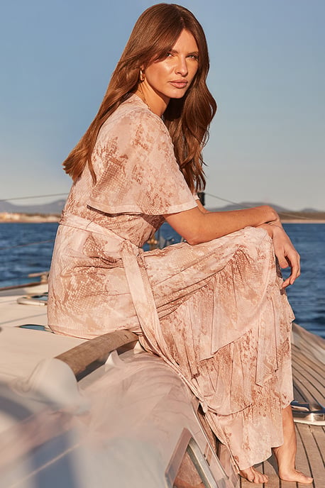Snake Print Tiered Hem Wrap Jersey Midi Dress